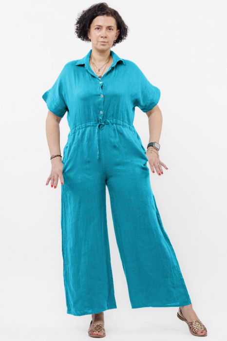 Salopeta de vara din in cu siret in talie si guler camasa, albastru azur [1]