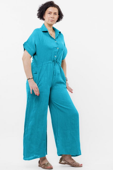 Salopeta de vara din in cu siret in talie si guler camasa, albastru azur [3]