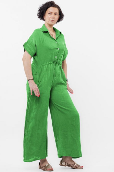 Salopeta de vara din in cu siret in talie si guler camasa, verde praz [3]