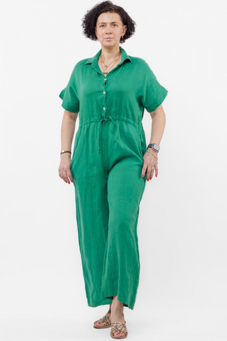 Salopeta de vara din in cu siret in talie si guler camasa, verde [2]