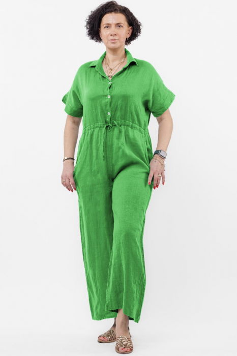 Salopeta de vara din in cu siret in talie si guler camasa, verde praz [2]