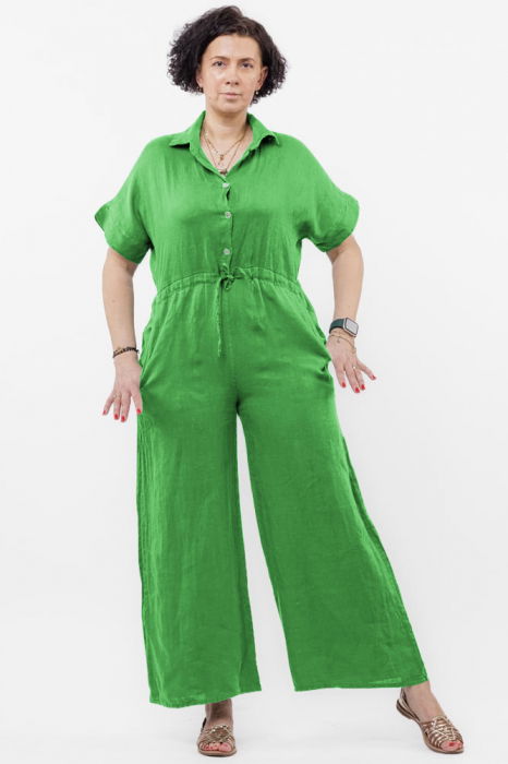 Salopeta de vara din in cu siret in talie si guler camasa, verde praz [1]