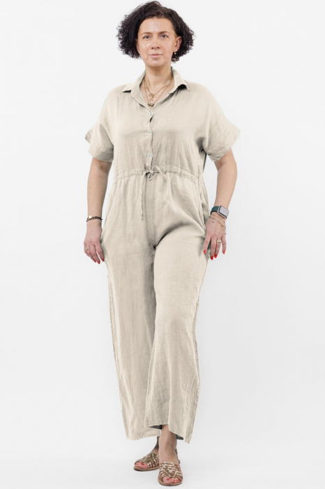 Salopeta de vara din in cu siret in talie si guler camasa, bej [2]