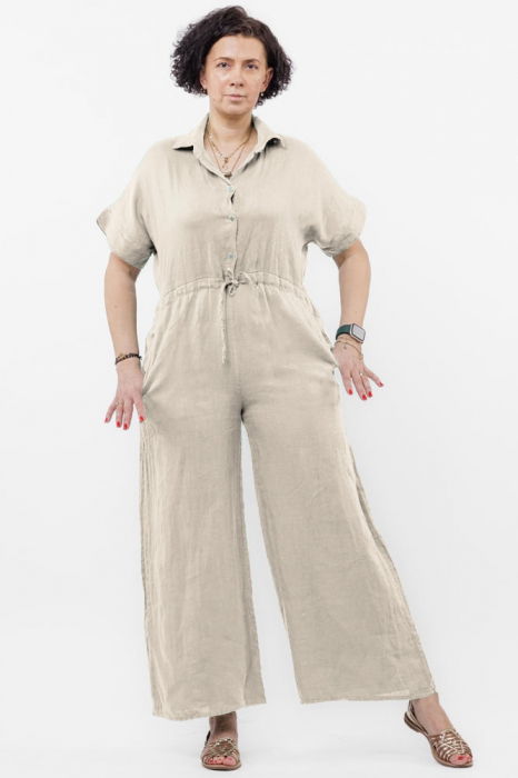 Salopeta de vara din in cu siret in talie si guler camasa, bej [1]