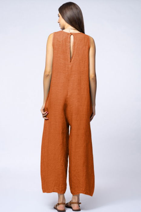 Salopeta de vara larga din in cu bretele late, caramizie [3]