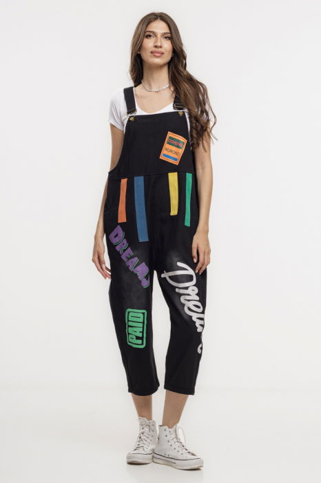 Salopeta oversized din denim negru cu aplicatii colorate si mesaje grafice, "Dream" [1]