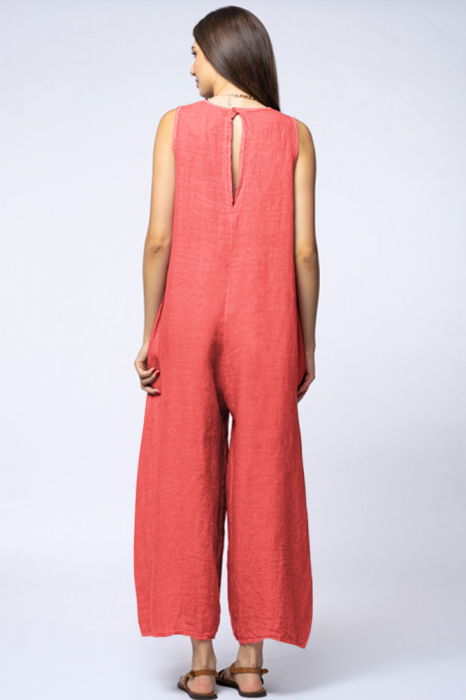 Salopeta de vara larga din in cu bretele late, roz inchis [3]