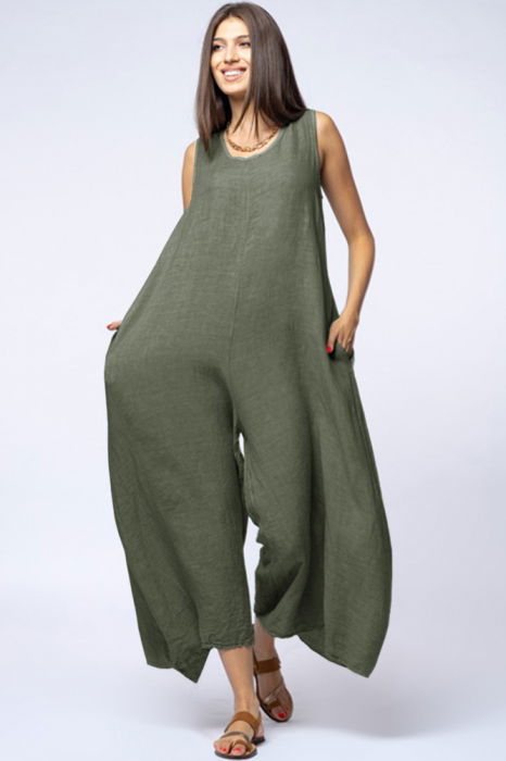 Salopeta de vara larga din in cu bretele late, kaki [2]