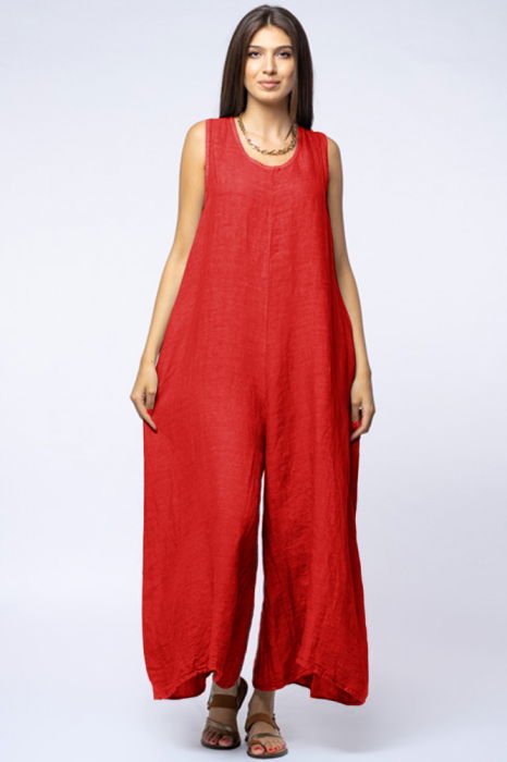 Salopeta de vara larga din in cu bretele late, rosie [2]