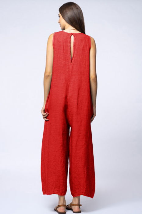 Salopeta de vara larga din in cu bretele late, rosie [3]