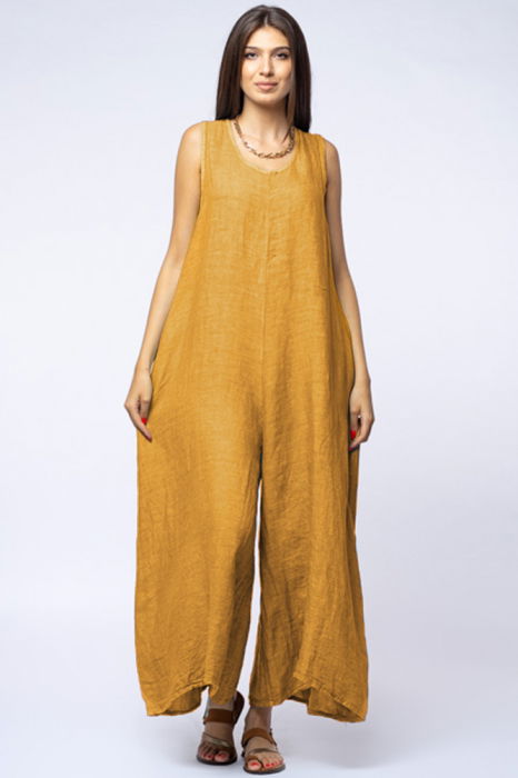 Salopeta de vara larga din in cu bretele late, galben mustar [2]