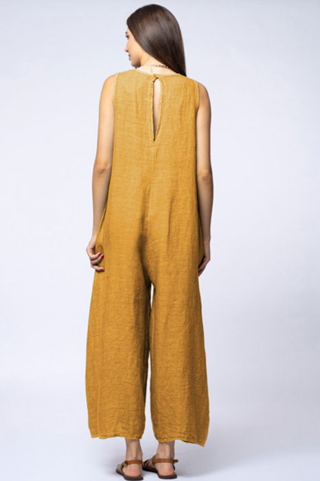 Salopeta de vara larga din in cu bretele late, galben mustar [4]