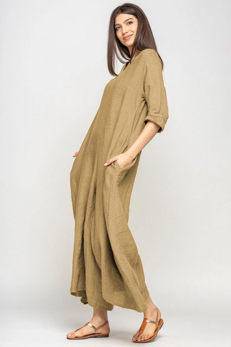 Salopeta de vara larga din in, cu maneci, camel [2]