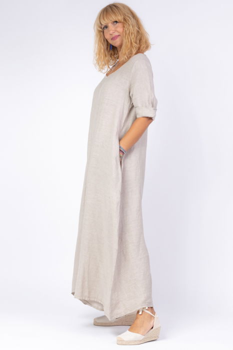 Salopeta de vara larga din in, cu maneci, bej [2]