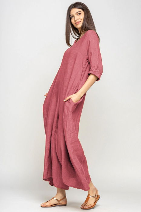 Salopeta de vara larga din in, cu maneci, roz inchis [2]