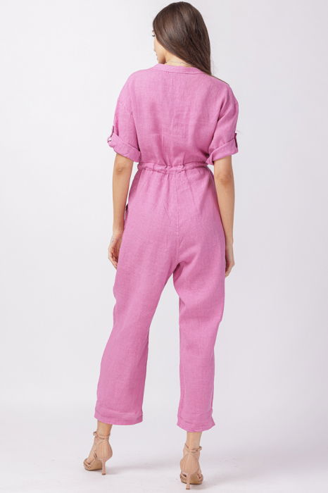 Salopeta de vara, din in, cu cordon in talie, roz intens [2]