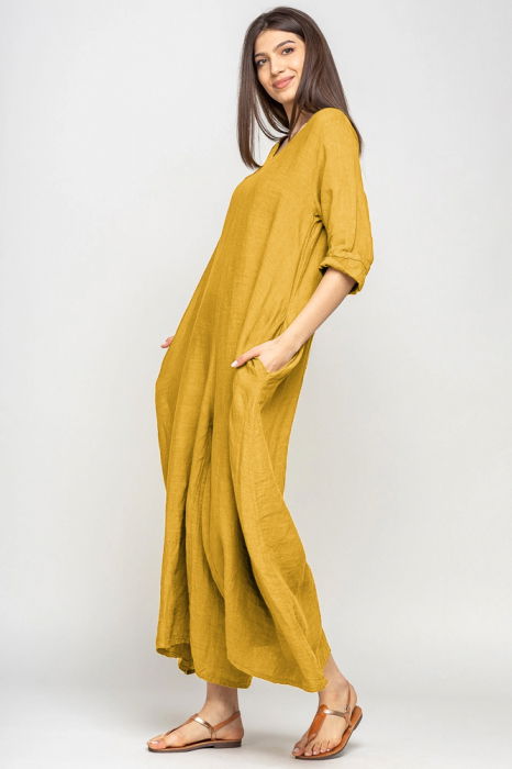 Salopeta de vara larga din in, cu maneci, mustar deschis [2]