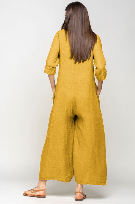 Salopeta de vara larga din in, cu maneci, mustar deschis [3]