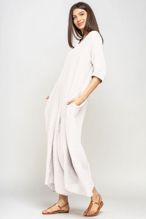 Salopeta de vara larga din in, cu maneci, alba [2]