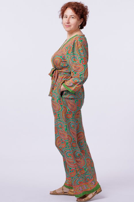 Salopeta din matase indiana cu bust petrecut, verde si portocaliu [3]