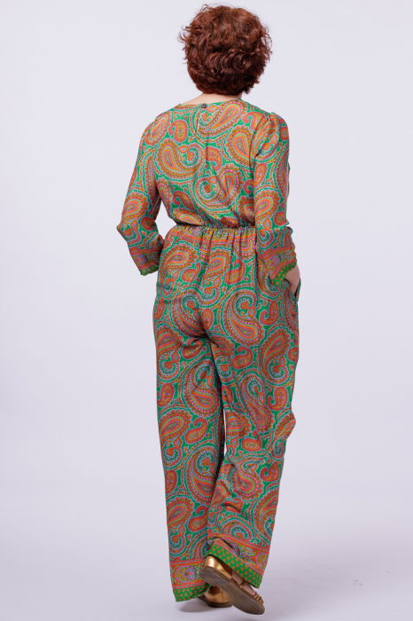 Salopeta din matase indiana cu bust petrecut, verde si portocaliu [4]