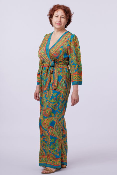 Salopeta din matase indiana cu bust petrecut, turcoaz, rosu si mustar [4]