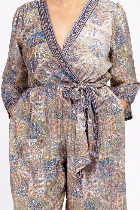 Salopeta din matase indiana cu bust petrecut, bej si culori pastelate [6]