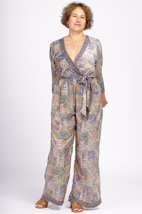 Salopeta din matase indiana cu bust petrecut, bej si culori pastelate [3]