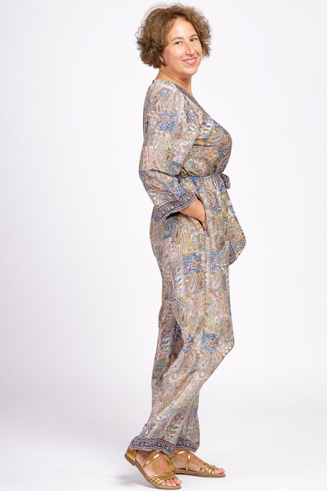 Salopeta din matase indiana cu bust petrecut, bej si culori pastelate [4]