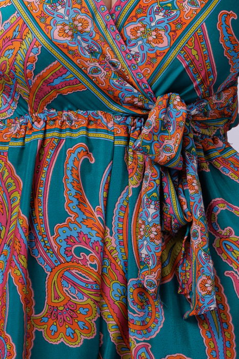 Salopeta din matase indiana cu bust petrecut, turcoaz si portocaliu [4]