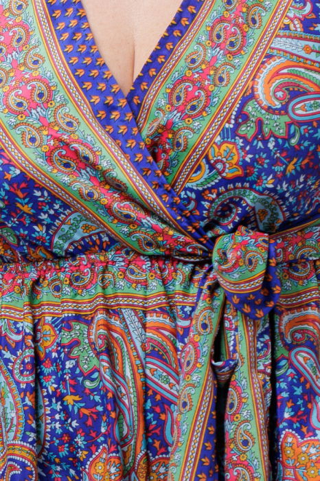 Salopeta din matase indiana cu bust petrecut, albastru, verde si turcoaz [2]