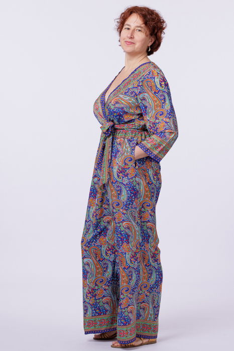 Salopeta din matase indiana cu bust petrecut, albastru, verde si turcoaz [3]