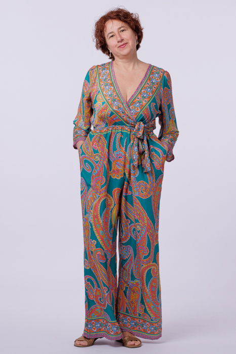 Salopeta din matase indiana cu bust petrecut, turcoaz si portocaliu [3]