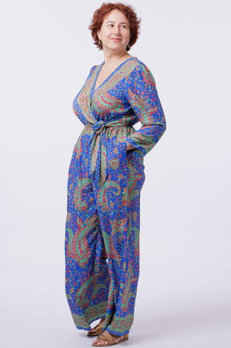 Salopeta din matase indiana cu bust petrecut, verde menta si albastru [2]