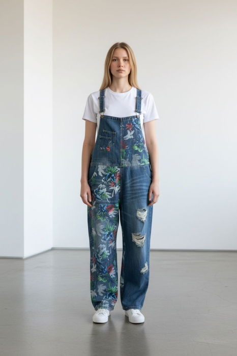 Salopeta oversized din denim cu flori pictate si rupturi [1]