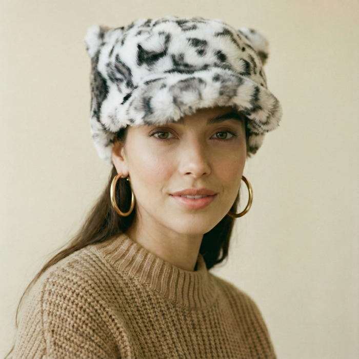 Sapca cu cozoroc din blanita si interior matlasat, animal print alb [4]