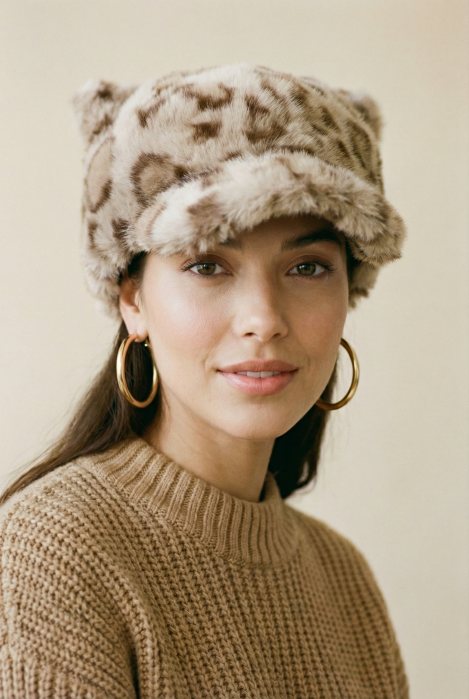 Sapca cu cozoroc din blanita si interior matlasat, animal print bej [4]