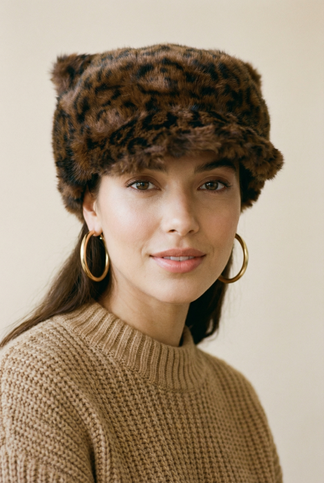 Sapca cu cozoroc din blanita si interior matlasat, animal print maro [4]