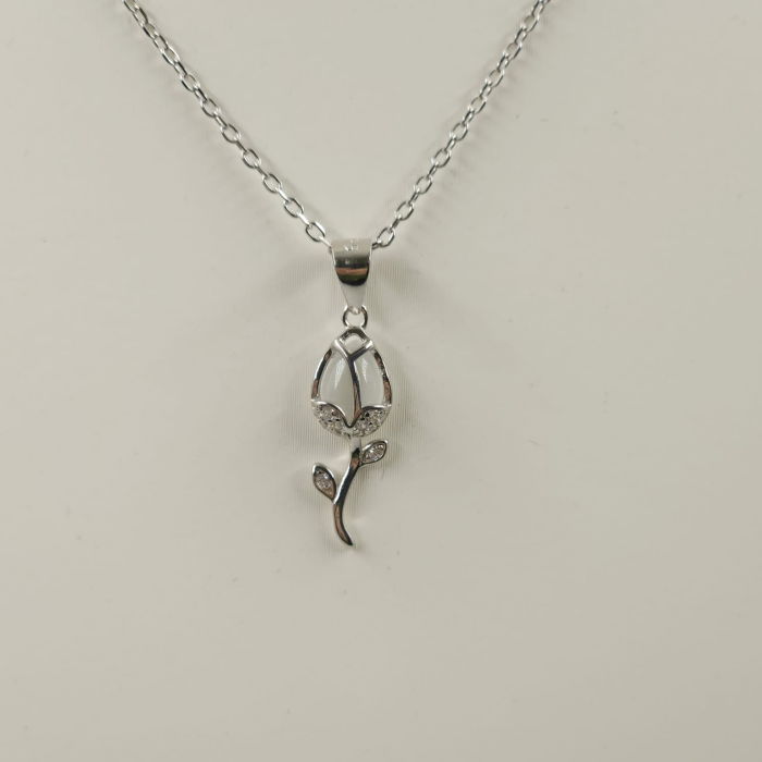 Set colier cu lant din argint 925 si pandant lalea cu sidef alb si pietre fine din cubic zirconia [3]