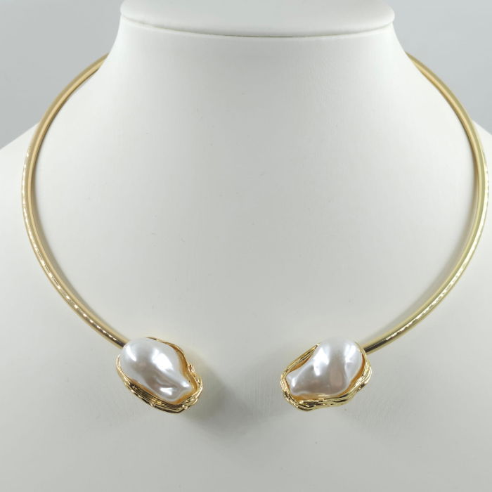 Set colier auriu rigid cu perle sintetice neregulate si cercei asortati [3]