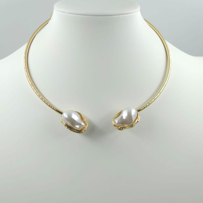 Set colier auriu rigid cu perle sintetice neregulate si cercei asortati [8]