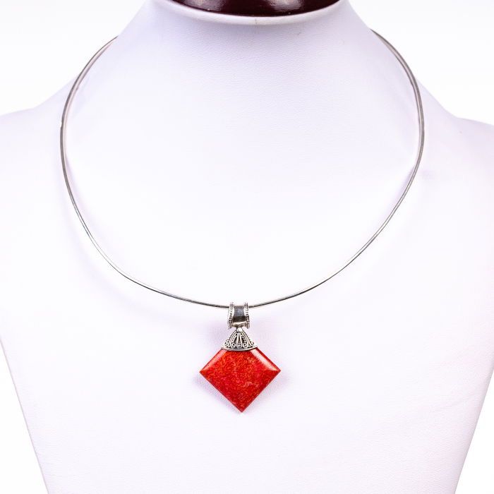 Pandant rombic cu coral natural si cu decoratiune din argint 925 [2]
