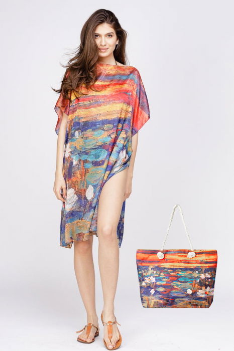 Set rochie tip poncho din matase si geanta mare de vara