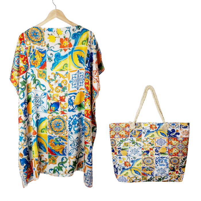 Set rochie tip poncho din matase si geanta mare de vara cu model marocan cu lamai in culori vibrante
