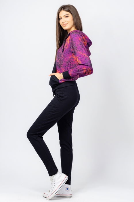 Trening dama bumbac doua piese, pantalon negru si hanorac cu mov si corai [2]
