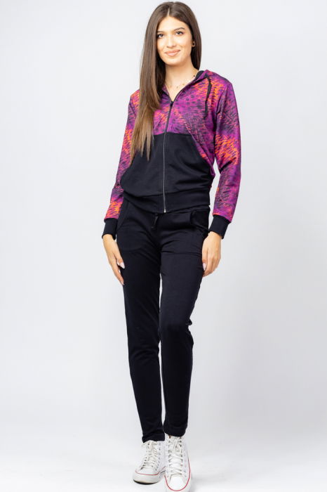 Trening dama bumbac doua piese, pantalon negru si hanorac cu mov si corai [1]