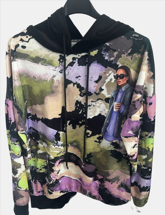 Trening dama cu hanorac imprimat cu ilustratie fashion si pantaloni jogger – negru [4]