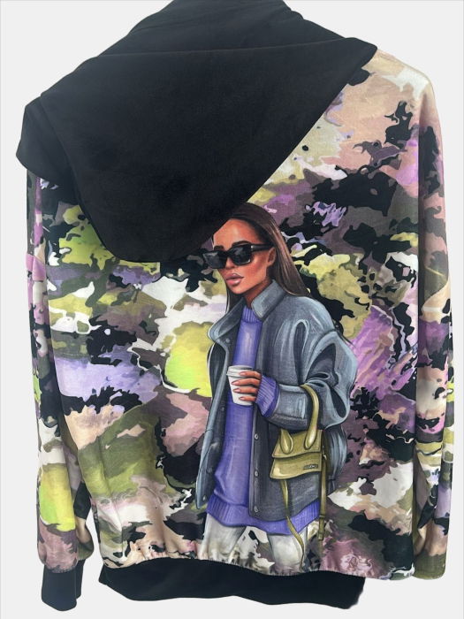 Trening dama cu hanorac imprimat cu ilustratie fashion si pantaloni jogger – negru [5]