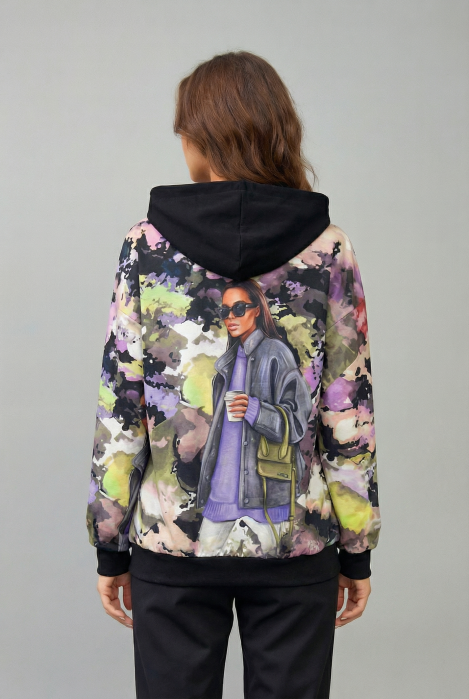 Trening dama cu hanorac imprimat cu ilustratie fashion si pantaloni jogger – negru [3]