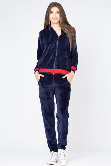 Trening dama doua piese catifea de bumbac bleumarin cu banda rosie [1]